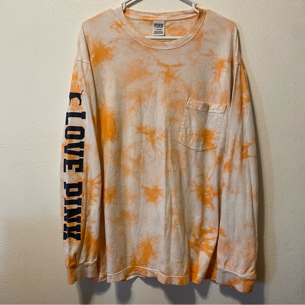 PINK Victoria's Secret Orange Tie-Dye Women’s Shirt Spell Out On Sleeve Large